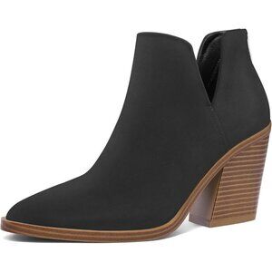 Mysoft Women's Black Nubuck Pu Chunky Mid Heel Slip on Toe Stacked Ankle Boots
